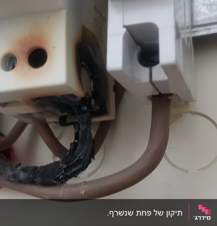 חוטים שרופים בלוח חשמל עם סימני כווייה